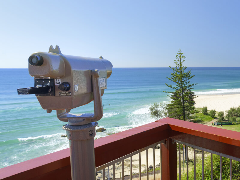 Scenic lookout view over Coolangatta Beach with a viewing telescope and clear blue ocean.