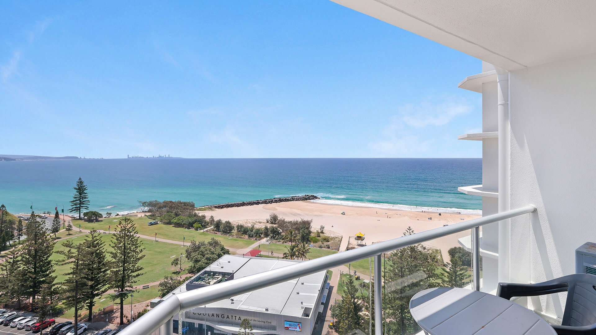 Balcony view from the Standard 2 Bedroom Ocean View Apartment at ULTIQA Points North, overlooking Coolangatta Beach and the ocean.