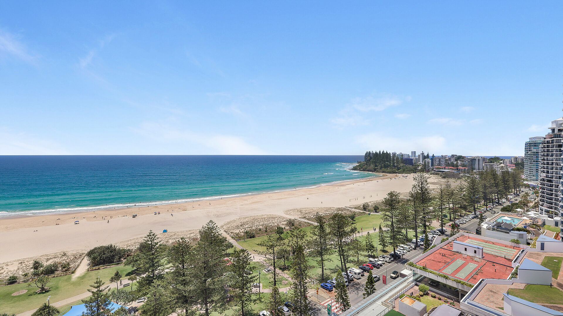 Coastline view from the 2 Bedroom Superior Ocean View Apartment showing Coolangatta Beach, parklands & coastline toward Rainbow Bay & Greenmount.